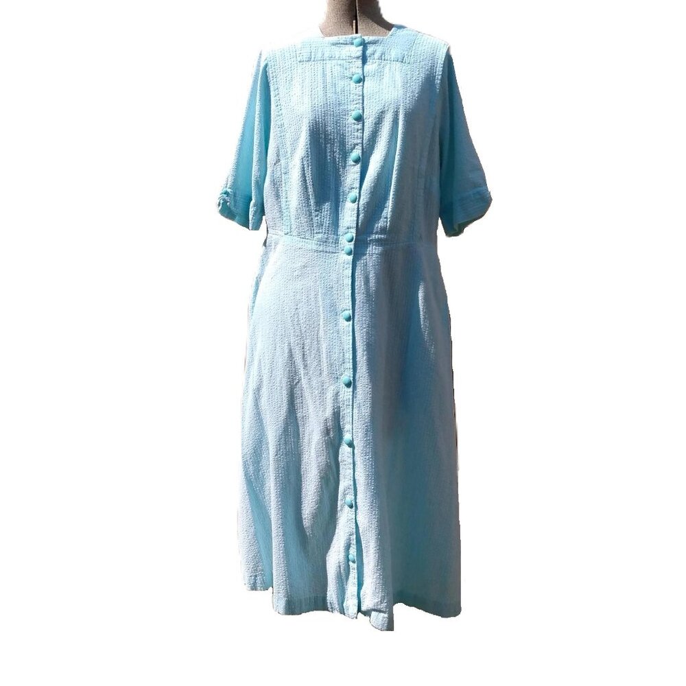 Vintage Handmade Dress 42B 35W Stripe Seersucker Turquoise Silver Mennonite Cape